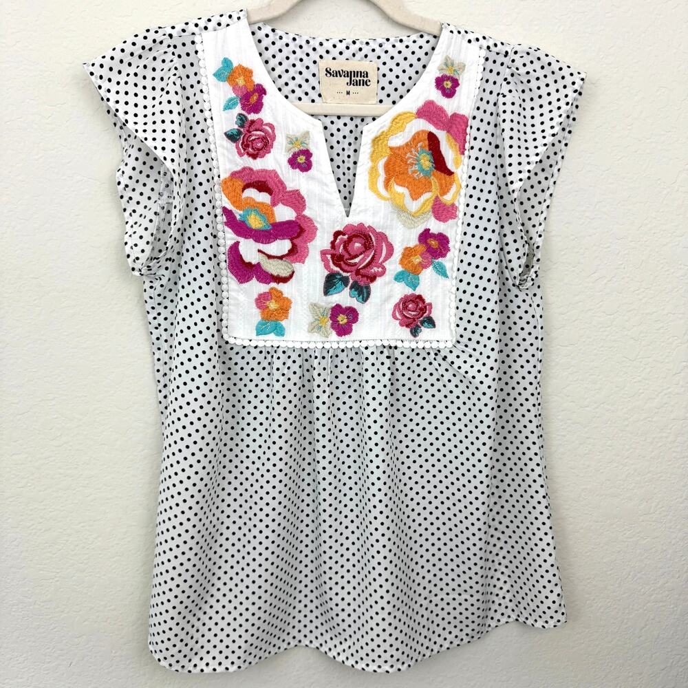 Savanna Jane Polka Dot Blouse with Floral Embroidery